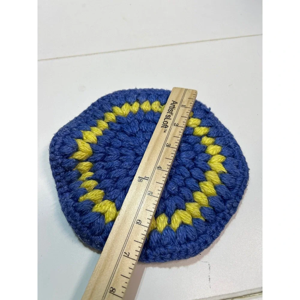 Handmade Crochet Coaster‎ Blue Yellow Round Mug Mat Drinkware Accessory